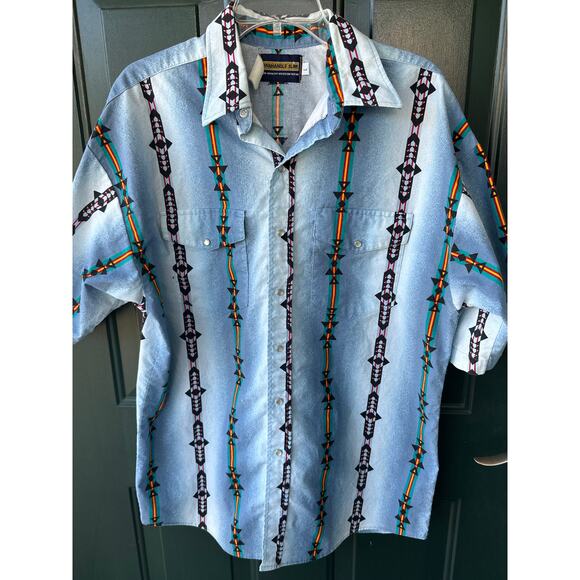 Vintage Panhandle Slim Western Shirt L Pearl Snap Aztec Rodeo Coastal Cowboy - Picture 5 of 8